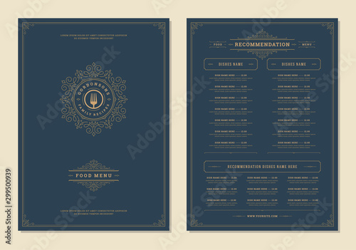 Menu design template with cover and restaurant vintage logo vector brochure.