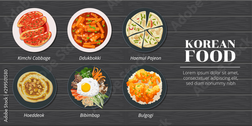 Haemul pajeon,ddukbokki,kimchi cabbage,hoeddeok,bibimbap,bulgogi korean food vector set collection graphic design