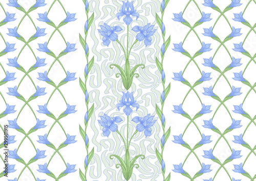 Iris flower, fleur-de-lis. Seamless pattern, background. Colored vector illustration. In art nouveau style, vintage, old, retro style. In blue and green colors. Isolated on white background.. photo