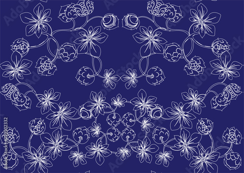 Hazelnut. Imitation of traditional Japanese embroidery Sashiko. Spring flowers. Seamless pattern, background. Vector illustration. On navy blue background..