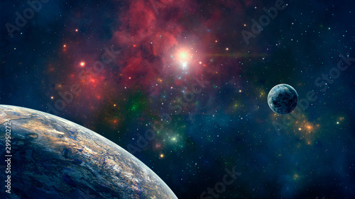 Space background. Colorful nebula with two planet. Elements furnished by NASA. 3D rendering