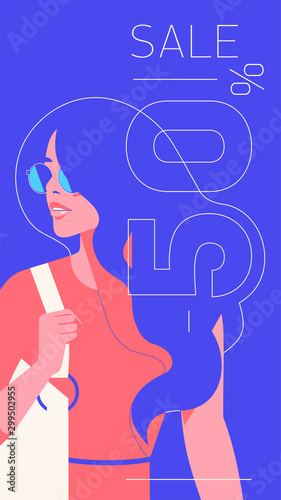 Vector fashion portrait of a model girl. trendy coral color stories template. Sale Banner 50 percent Off (ID: 299502955)