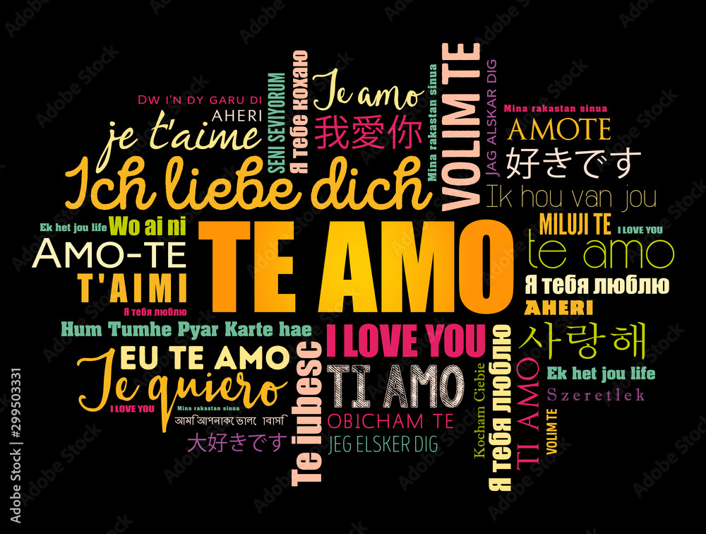 Te amo (I Love You in Spanish) word cloud in different languages of the