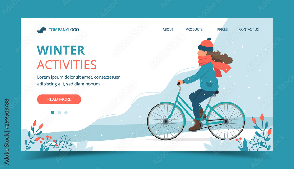 Girl riding bike in the park in winter. Landing page template. Cute vector illustration in flat style. - obrazy, fototapety, plakaty 