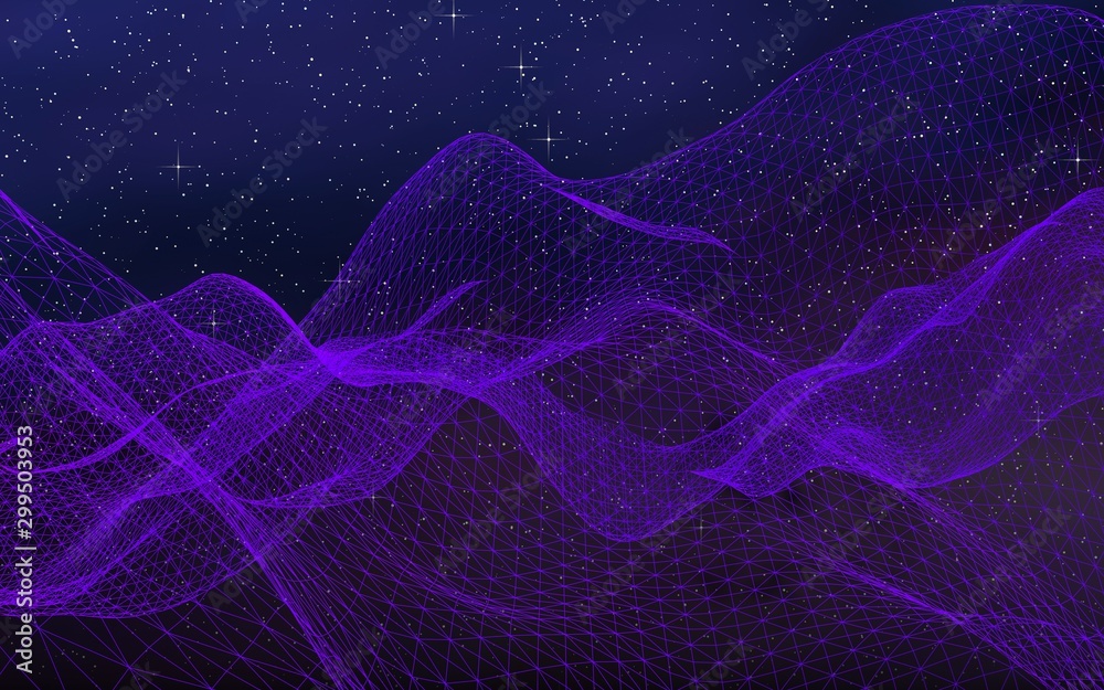 Abstract ultraviolet landscape on a dark background. Purple cyberspace grid. hi tech network. Outer space. Violet starry outer space texture. 3D illustration Abstract ultraviolet landscape on a dark background. Purple cyberspace grid. hi tech network. Outer space. Violet starry outer space texture. 3D illustration