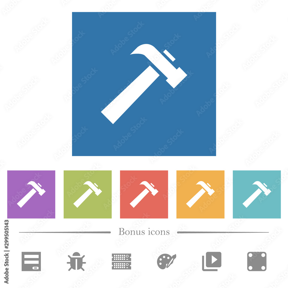 Old hammer flat white icons in square backgrounds Old hammer flat white icons in square backgrounds
