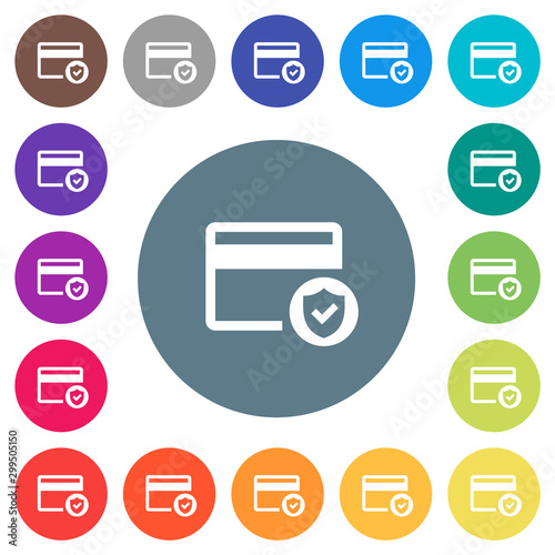 Safe credit card transaction flat white icons on round color backgrounds