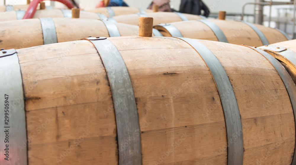wooden barrels at the wine brandy factory