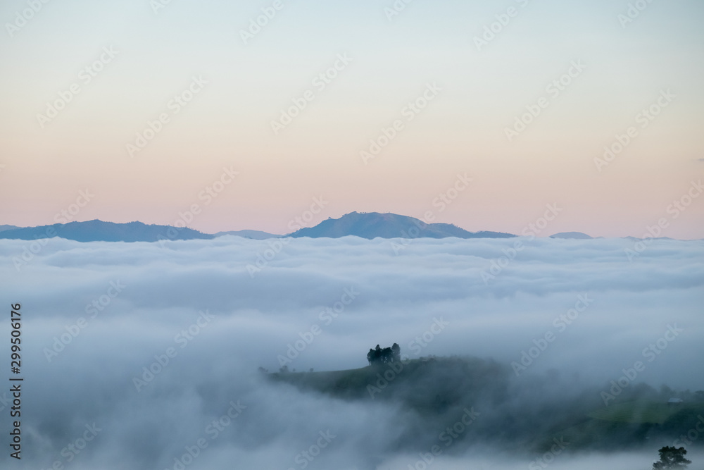 Foggy mountain landscape in Pa Bong Piang village in Mae Cham, Chiangmai, Thailand.