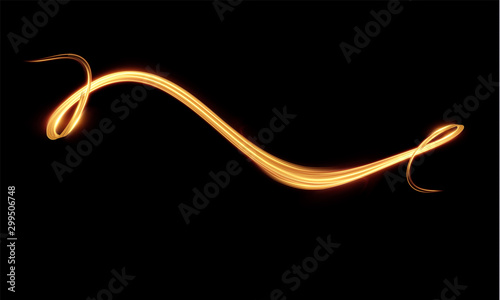Golden ribbon with light trail effect and energy lines vector background.