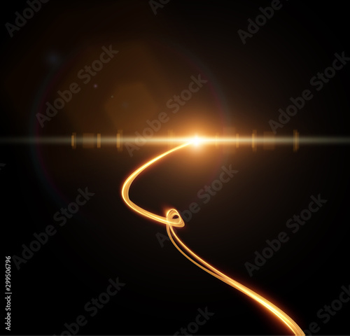 Golden ribbon with light trail effect and energy lines vector background.