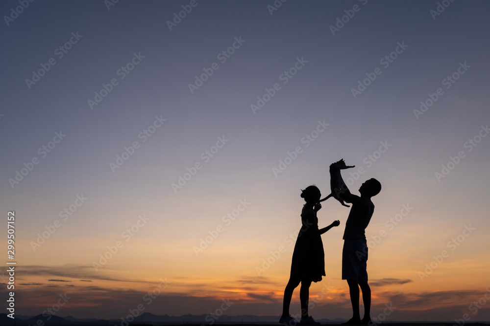 Silhouettes of happy young couple against the sunset sky,cat