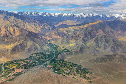 Aerial view of Ladakh region from the airplane window, India. © estivillml
