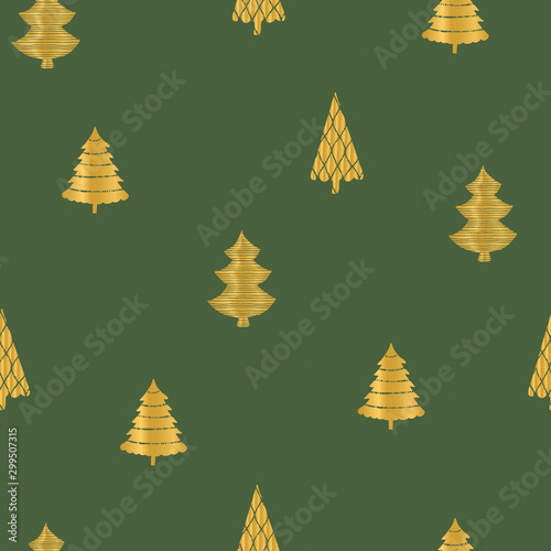 Gold christmas trees on dark green background. Seamless repeat pattern. Perfect for wrapping paper design, background and noble, classy winter holiday decoration. Vector illustration.