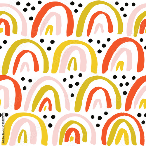 Cute and simple Vector Rainbows and Dots pattern. Seamless texture with hand drawn ink rainbows.
