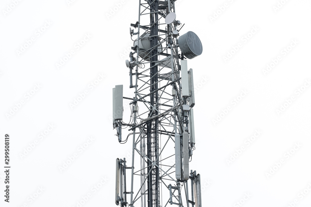 Detailed view of a newly installed 4G and Microwave communications tower. Showing the various antennas and omnidirectional network and phone systems. Detailed view of a newly installed 4G and Microwave communications tower. Showing the various antennas and omnidirectional network and phone systems.