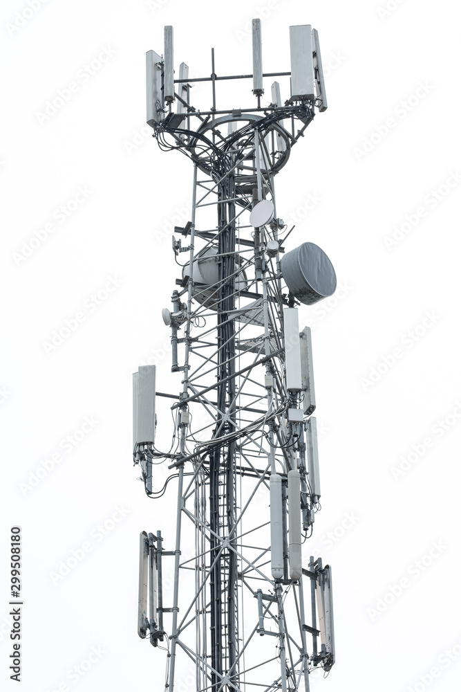 Detailed view of a newly installed 4G and Microwave communications tower. Showing the various antennas and omnidirectional network and phone systems. Detailed view of a newly installed 4G and Microwave communications tower. Showing the various antennas and omnidirectional network and phone systems.
