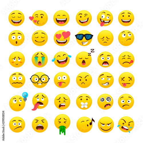 Funny yellow round emoji vector icons set
