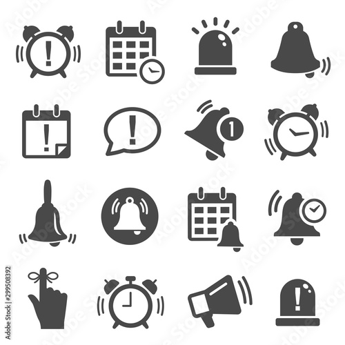 Reminder, notification black and white glyph icons set