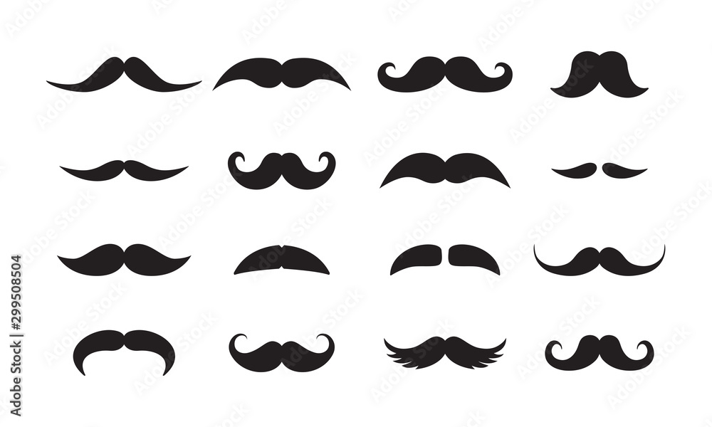 Male mustache styles black vector icons set. Various moustache types, men facial  hair silhouette illustrations isolated on white background. Barbershop  logotype decorative design elements pack Stock Vector | Adobe Stock