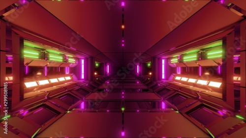 futuristic scifi technic space hangar tunnel corridor with glowing lights 3d illustration wallpaper background design
