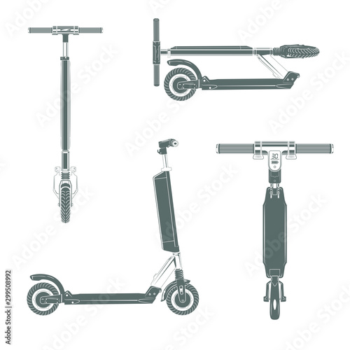 Electric Kick scooter from different sides, monochrome style, vector
