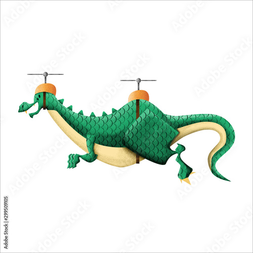 dragon illustration dragon flying with helicopter smiling dragon green cute illustration 
