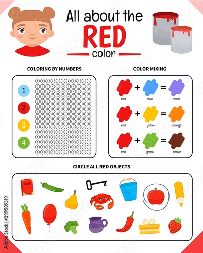Kids learning material. Worksheet for learning colors. Red color.