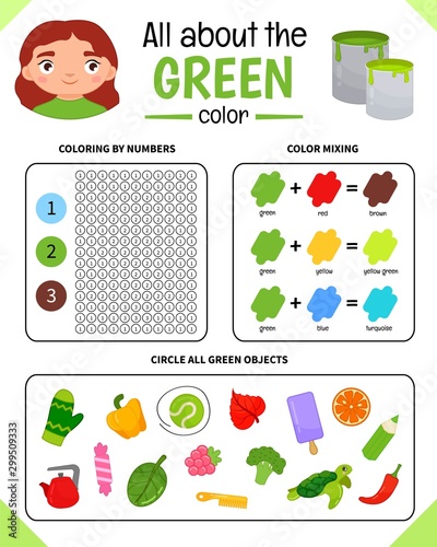Kids learning material. Worksheet for learning colors. Green color.