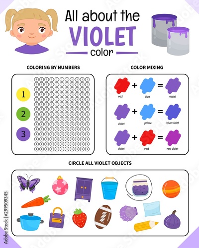 Kids learning material. Worksheet for learning colors. Violet color.