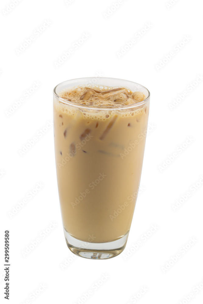 Isolate long tall glass beverage on white background with clipping path. Dicuted of freshness Iced coffee Latte.