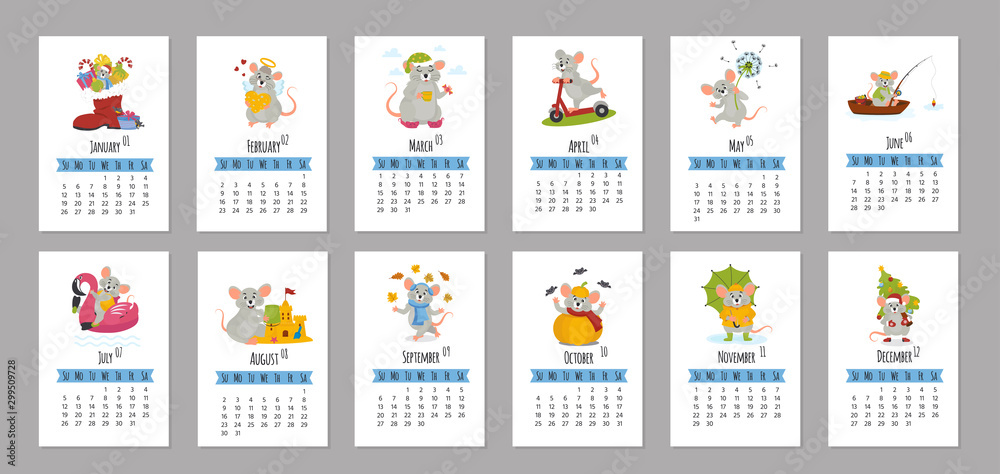 2020 new year of mouse to Chinese calendar. Wall  editable calendar grid template with cute mouse. Set of 12 months. Vector cartoon illustration