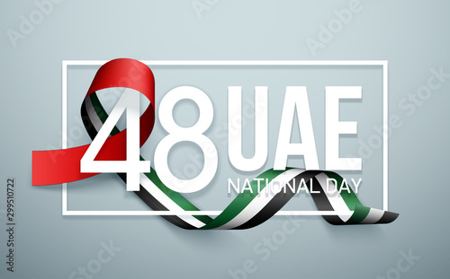 48 National day banner with realistic UAE ribbon flag. holiday illustration card 48 UAE National day Spirit of the union United Arab Emirates, Flat design Logo Anniversary Celebration Abu Dhabi Card