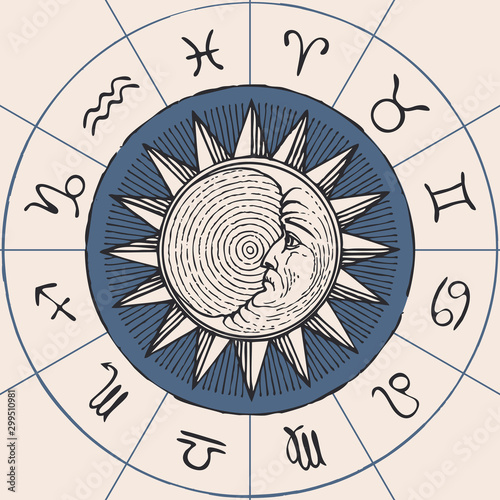 Vector circle of the Zodiac signs in retro style with hand-drawn Sun and crescent Moon. Horoscope circle with twelve symbols for astrological forecasts