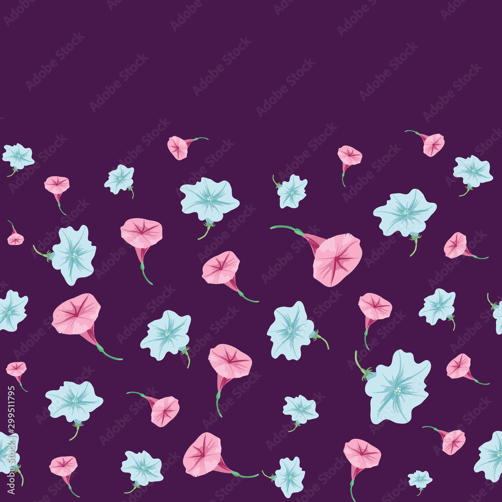 Vector pink and blue petunia flowers repeat