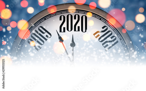 Blue blurred New Year 2020 banner with clock.