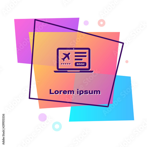 Purple Laptop with electronic boarding pass airline ticket icon isolated on white background. Passenger plane mobile ticket for web and app. Color rectangle button. Vector Illustration