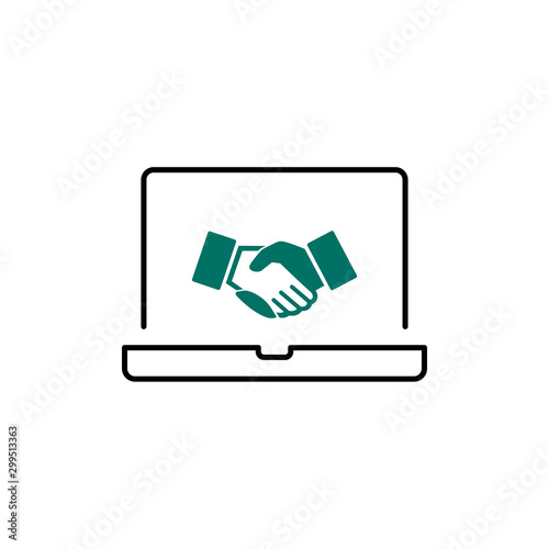 Handshake between two people from inside the laptop. Concept illustration of internet agreement, partnerships, business. vector illustration