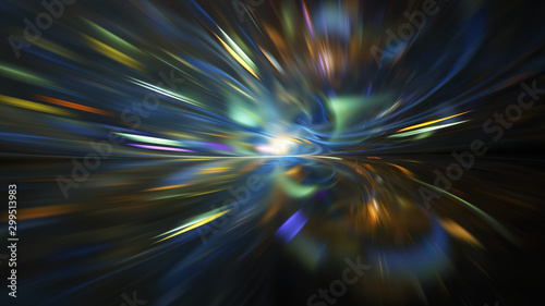 Abstract holiday background with blurred rays and sparkles. Fantastic blue and golden light effect. Digital fractal art. 3d rendering.