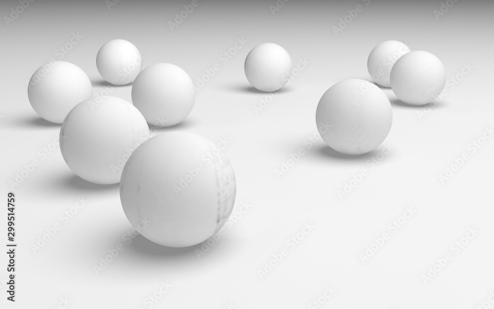 White abstract background. Set of white balls isolated on white backdrop. 3D illustration