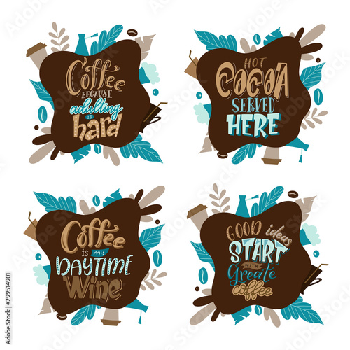 Quote coffee lettering set. Cafe lettering for menu, card, banners. Hand drawn calligraphy. Graphic design vector illustration
