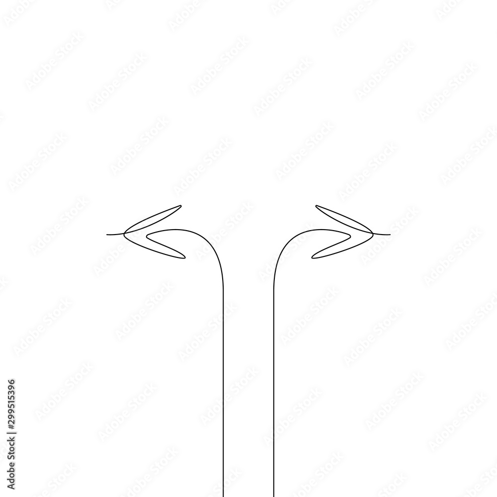 One continuous line drawing of road sign arrows isolated on white background. Vector illustration for banner, web, design element, template, postcard. Minimalism. One line. Vector illustration One continuous line drawing of road sign arrows isolated on white background. Vector illustration for banner, web, design element, template, postcard. Minimalism. One line. Vector illustration