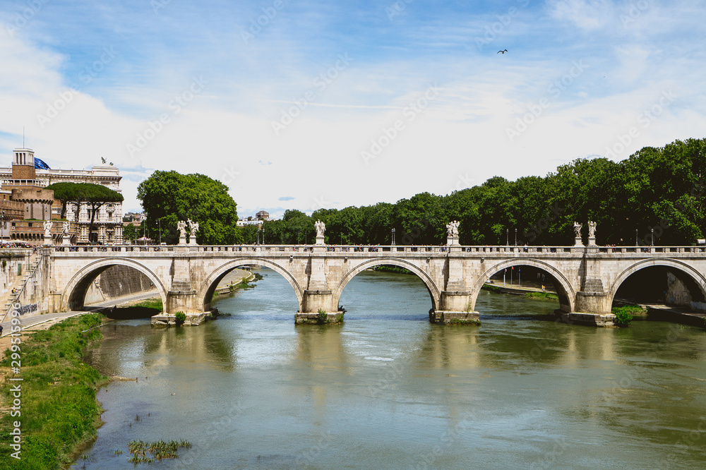 Tiber river streams, Ponte Vittorio Emanuele II bridge, flying seagulls and Rome cityscape view with famous St. Peter dome on the background