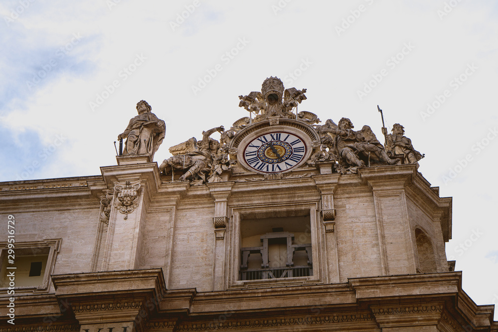 Details of the facade of a Church where you can see a Clock