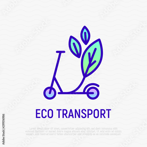 Electric scooter with leaves thin line icon. Green transport. Logo for sharing service. Modern vector illustration.