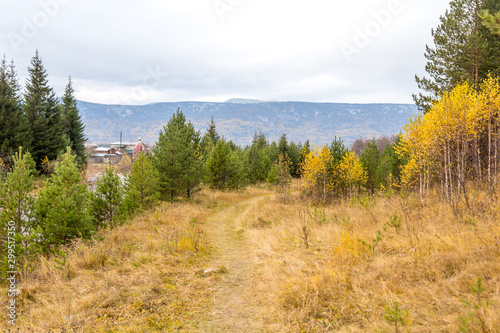 Beautiful landscape of Tuluk village near the mountin Iremel, South Ural, Chelyabinsk region, Russia