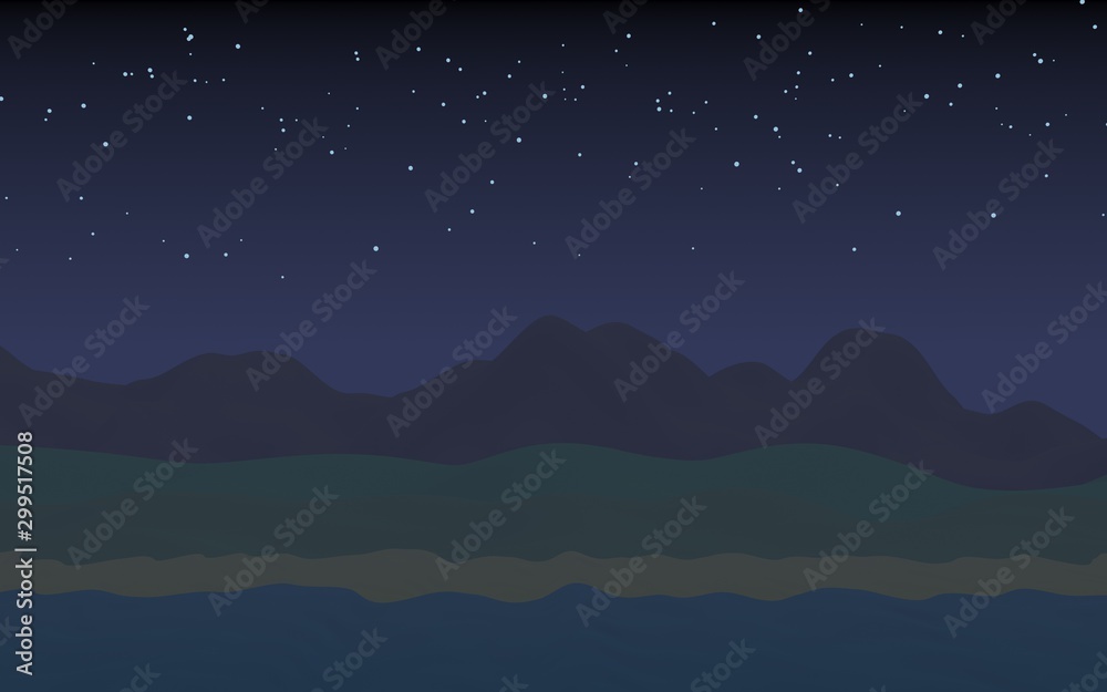Starry moonless sky. Ocean shore line with waves on a beach. Island beach paradise with waves. Vacation, summer, relaxation. Seascape, seashore. Minimalist landscape, primitivism. 3D illustration Starry moonless sky. Ocean shore line with waves on a beach. Island beach paradise with waves. Vacation, summer, relaxation. Seascape, seashore. Minimalist landscape, primitivism. 3D illustration