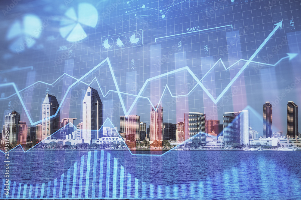 Obraz premium Forex chart on cityscape with skyscrapers wallpaper multi exposure. Financial research concept.