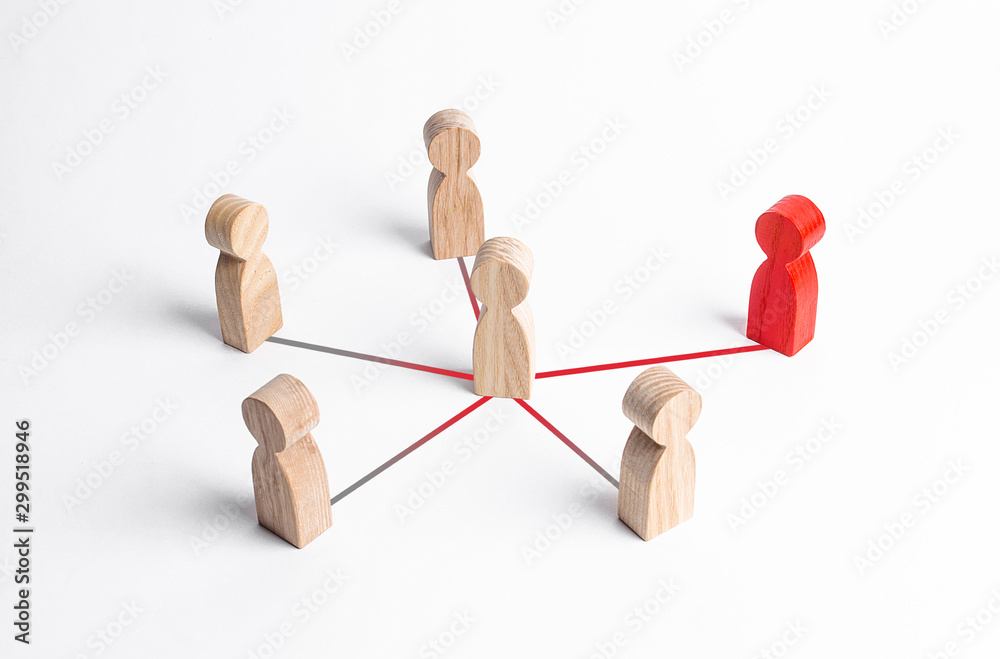 Obraz premium The red figure of a person spreads his ideas or influence through the person and his friends. Manipulation and deception. Gathering of people around an idea. Cooperation, collaboration. Communication