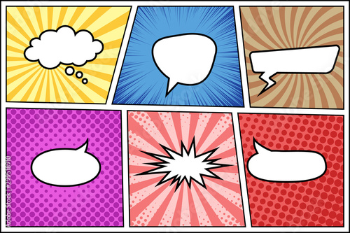 Comic book page template with different backgrounds and speech bubbles. Pop art style
